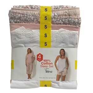 Felina Women’s 4pc Cotton Pajama Set S Pink Combo Tank Tee Shorts Capri New